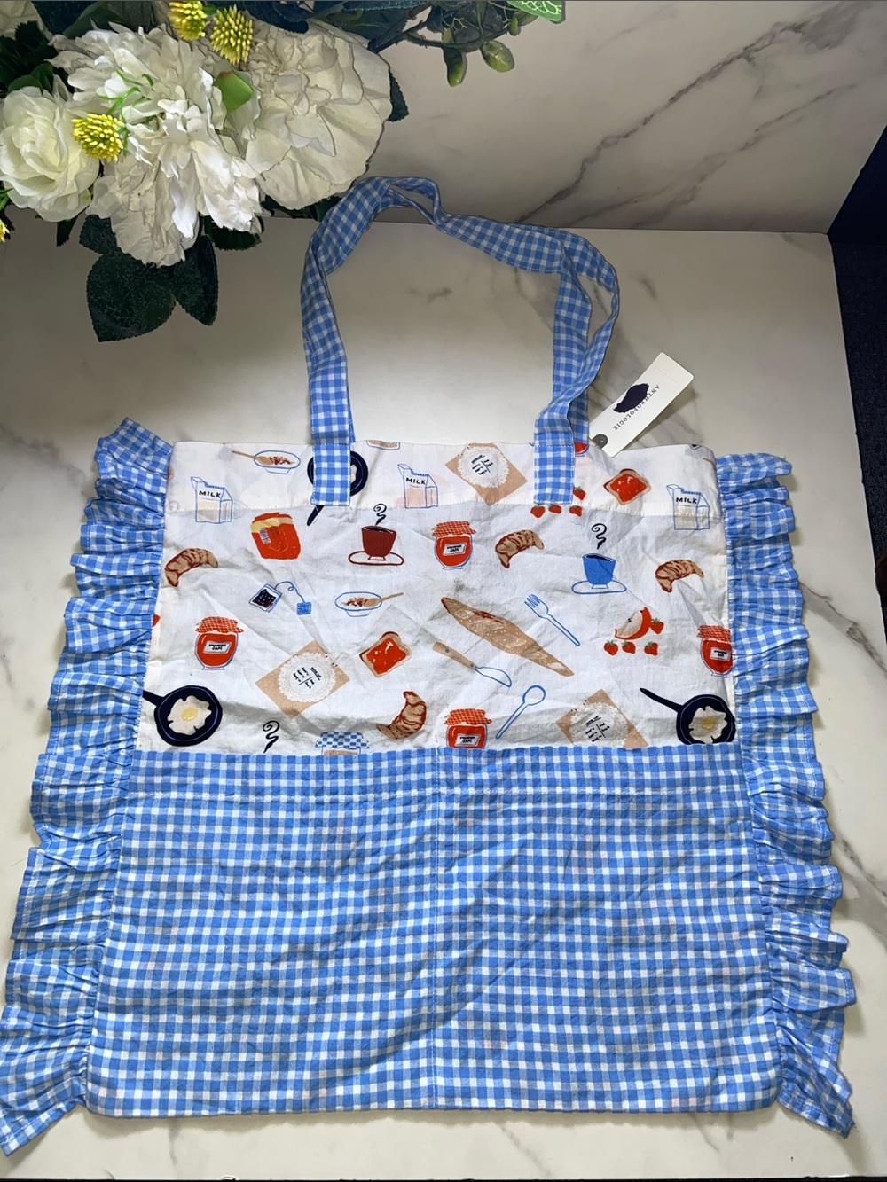 Anthropologie Blue Gingham & Breakfast Print Ruffle Tote